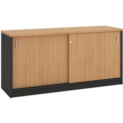 OM CREDENZA 1200W X 450D X 720MMH LOCKABLE SLIDING DOORS BEECH AND CHARCOAL
