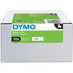 Dymo D1 Label Tape 12mm x 7m Value Pack of 10 Black On White