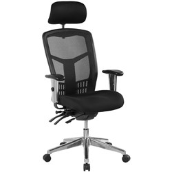 OYSTER HIGH BACK 4 LEVER MULTI SHIFT CHAIR WITH HEADREST AND ARMS MESH BACK BLACK FABRIC