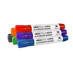 VISIONCHART GLASS BOARD MARKERS BULLET 5.0MM ASSORTED COLOURS PACK OF 6