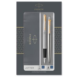 PARKER JOTTER BALLPOINT PEN AND FOUNTAIN PEN DUO SET STAINLESS STEEL GOLD TRIM