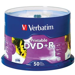 VERBATIM RECORDABLE DVD+R 120MIN 4.7GB 16X PRINTABLE INKJET PACK OF 50 WHITE