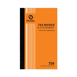 OLYMPIC 724 INVOICE/STATMENT BOOK CARBONLESS DUPLICATE 200 X 125MM 50 LEAF ORANGE