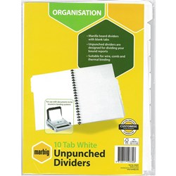MARBIG MANILLA INDICES & DIVIDERS A4 10 TAB UNPUNCHED WHITE