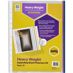 MARBIG SHEET PROTECTORS A4 EXPANDING COLOURED EDGE HEAVY WEIGHT PACK OF 10