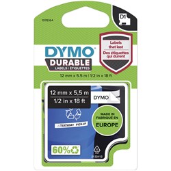 DYMO D1 DURABLE INDUSTRIAL TAPE LABELS 12MM X 5.5M BLACK ON WHITE