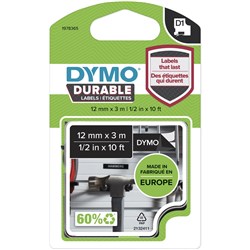 DYMO D1 DURABLE INDUSTRIAL TAPE LABELS 12MM X 3M WHITE ON BLACK