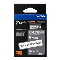 Brother TZE-S221 P-Touch Tape 9mmx8m Black on White Strong Adhesive